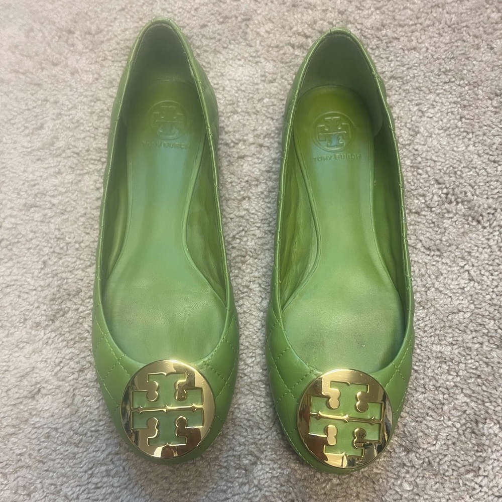 Tory Burch Lime Green Flats with Gold Accents